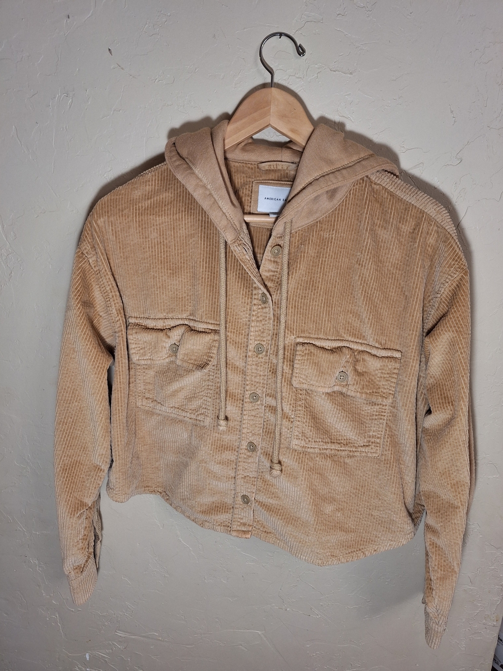 American Eagle Hooded Cropped Corduroy Button-Up Shirt Jacket aka Shacket